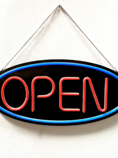 LED Open Schild mit Beleuchtung, schwarzes Schild mit rotem und blauem Neon